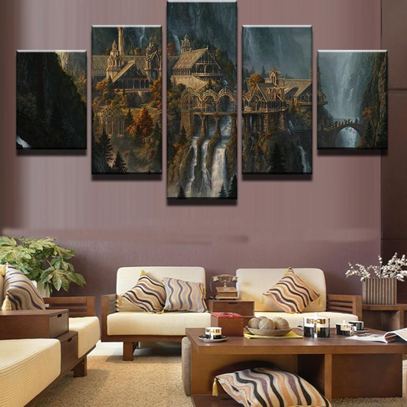 Mysterious Castle In Waterfall Mountain - Nature 5 Panel Canvas Art Wall Decor Mysterious Castle In Waterfall Mountain - Nature 5 Panel Canvas Art Wall Decor