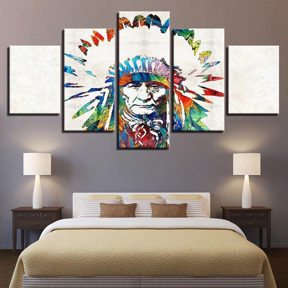 Native American Indian Feather - Abstract 5 Panel Canvas Art Wall Decor Native American Indian Feather - Abstract 5 Panel Canvas Art Wall Decor