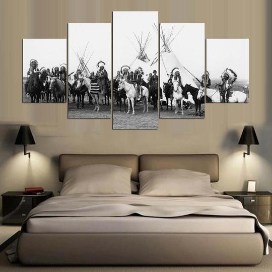 Native American Indian Warriors Teepees - Religion 5 Panel Canvas Art Wall Decor Native American Indian Warriors Teepees - Religion 5 Panel Canvas Art Wall Decor