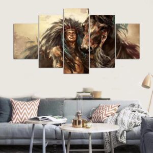 Native American With Horse - Animal 5 Panel Canvas Art Wall Decor