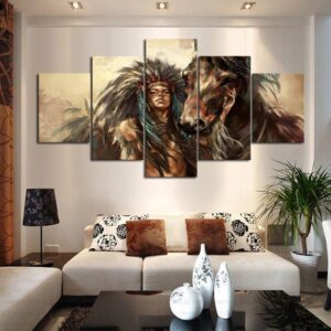 Native American Woman And Horse - Animal 5 Panel Canvas Art Wall Decor
