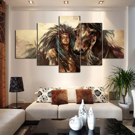 Native American Woman And Horse - Animal 5 Panel Canvas Art Wall Decor Native American Woman And Horse - Animal 5 Panel Canvas Art Wall Decor