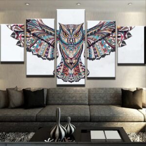 Native Indian Owl - Abstract Animal 5 Panel Canvas Art Wall Decor
