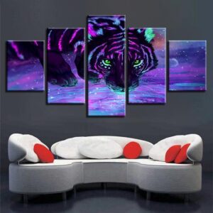 Neon Purple Tiger - Animal 5 Panel Canvas Art Wall Decor