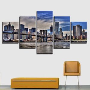 New York Brooklyn Bridge Building Landscape - Nature 5 Panel Canvas Art Wall Decor