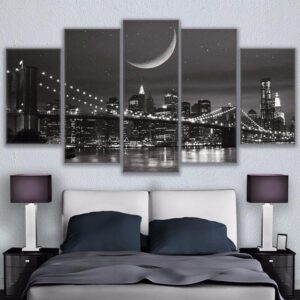 New York Night City Brooklyn Bridge - Nature 5 Panel Canvas Art Wall Decor