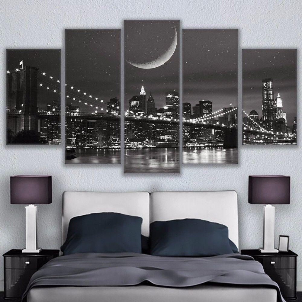 New York Night City Brooklyn Bridge - Nature 5 Panel Canvas Art Wall Decor New York Night City Brooklyn Bridge - Nature 5 Panel Canvas Art Wall Decor