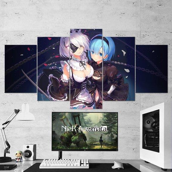 Nier Automata 2B Rem And Ram Re Zero - Gaming 5 Panel Canvas Art Wall Decor Nier Automata 2B Rem And Ram Re Zero - Gaming 5 Panel Canvas Art Wall Decor