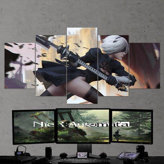 Nier Automata Yorha 2B Katana - Gaming 5 Panel Canvas Art Wall Decor Nier Automata Yorha 2B Katana - Gaming 5 Panel Canvas Art Wall Decor