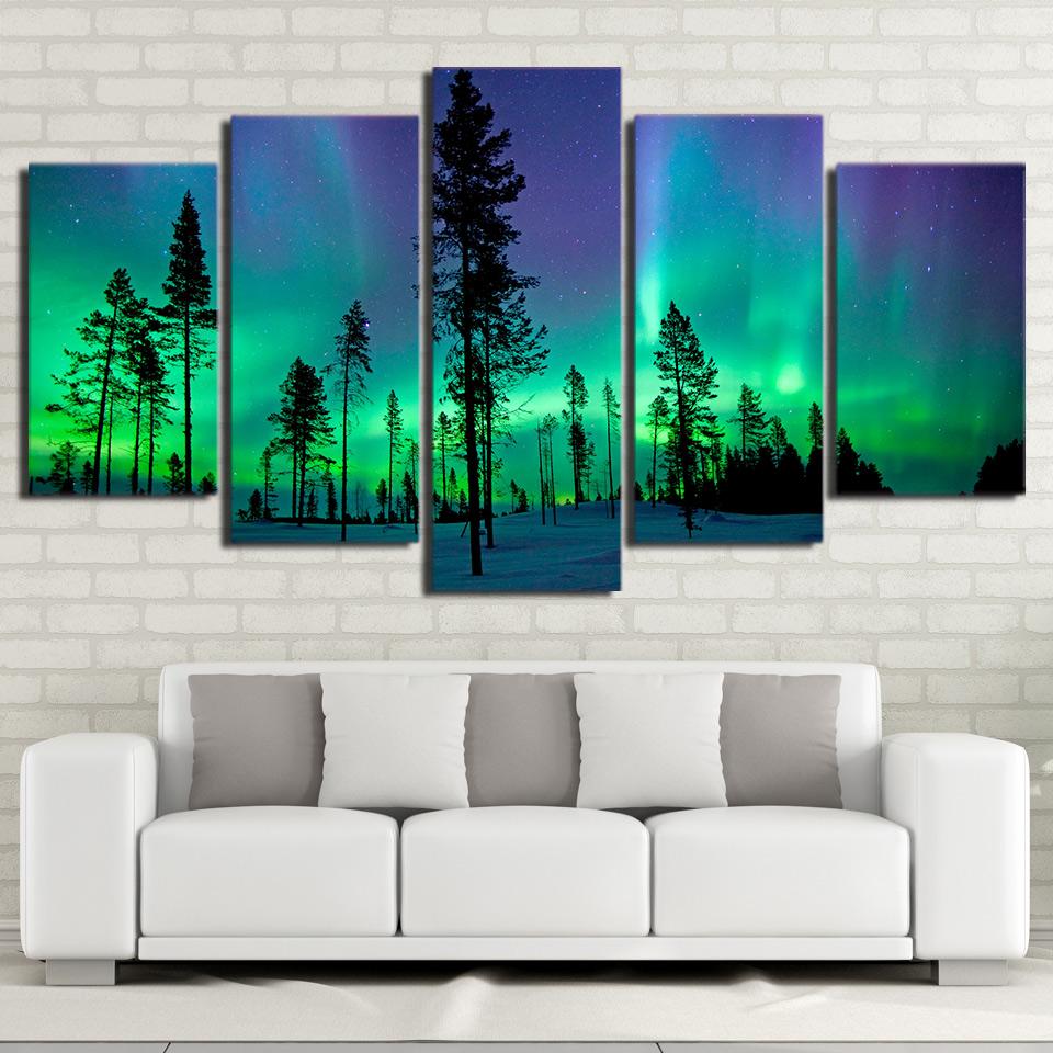 Night View Of Aurora Forest - Nature 5 Panel Canvas Art Wall Decor Night View Of Aurora Forest - Nature 5 Panel Canvas Art Wall Decor