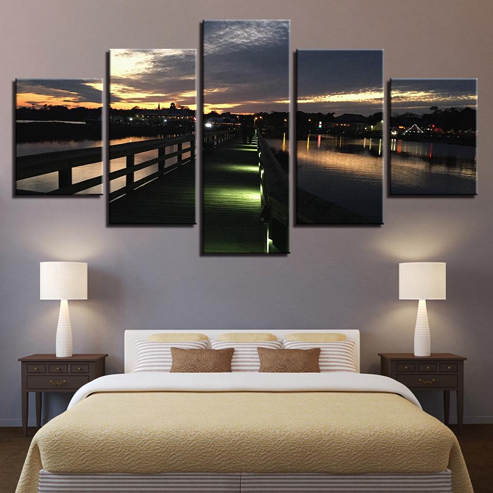 Night View Of Beach Bridge - Nature 5 Panel Canvas Art Wall Decor Night View Of Beach Bridge - Nature 5 Panel Canvas Art Wall Decor