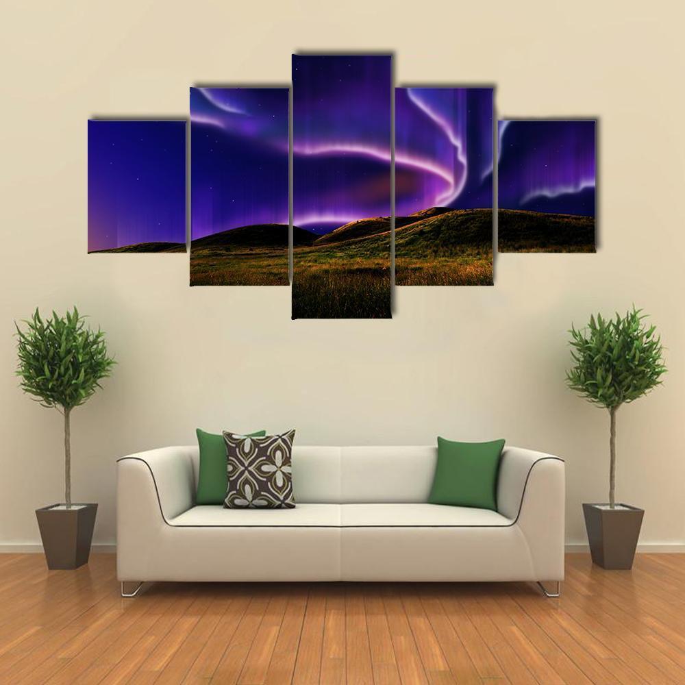 Northern Light On The Silent Field Before Sun Rise - Nature 5 Panel Canvas Art Wall Decor Northern Light On The Silent Field Before Sun Rise - Nature 5 Panel Canvas Art Wall Decor