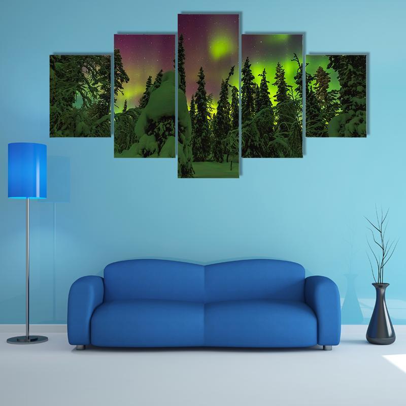 Northern Lights In Finish Lapland - Nature 5 Panel Canvas Art Wall Decor Northern Lights In Finish Lapland - Nature 5 Panel Canvas Art Wall Decor