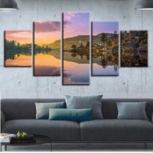 Norway Nature Mountains Lake Reflection - Nature 5 Panel Canvas Art Wall Decor