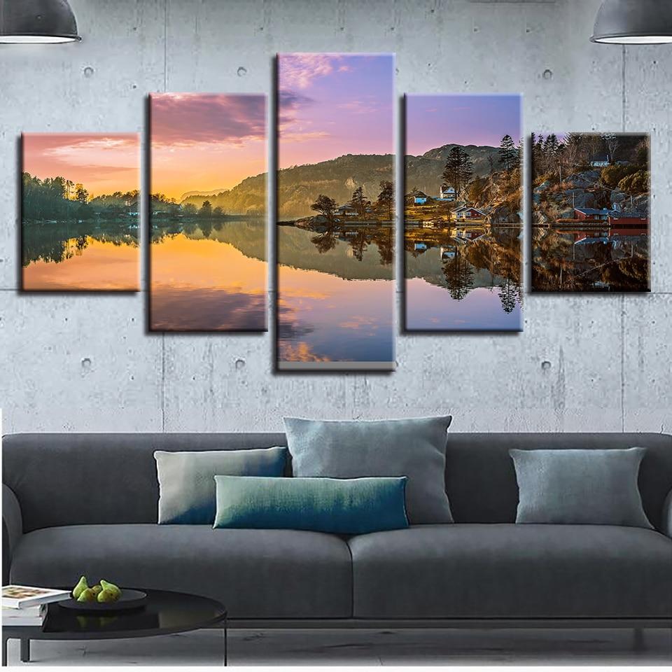 Norway Nature Mountains Lake Reflection - Nature 5 Panel Canvas Art Wall Decor Norway Nature Mountains Lake Reflection - Nature 5 Panel Canvas Art Wall Decor