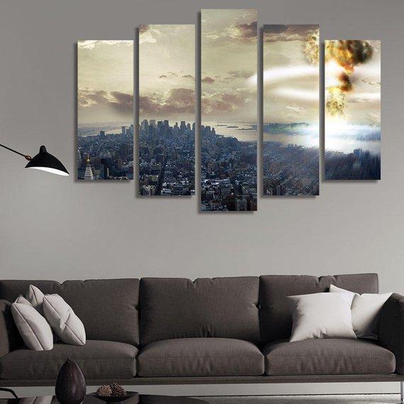 Nuclear Bomb Striking A City - Nature 5 Panel Canvas Art Wall Decor Nuclear Bomb Striking A City - Nature 5 Panel Canvas Art Wall Decor