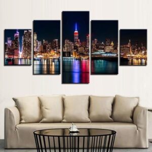 Nyc Nightscape - Nature 5 Panel Canvas Art Wall Decor