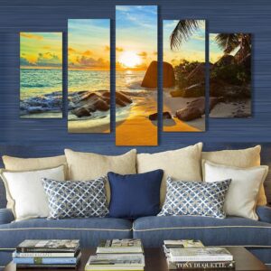 Ocean Beach Sunset - Nature 5 Panel Canvas Art Wall Decor