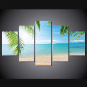 Ocean Beach With Palm Fronds - Nature 5 Panel Canvas Art Wall Decor