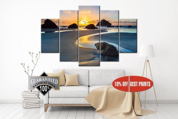 Ocean Sea Palm Sunset 1 - Nature 5 Panel Canvas Art Wall Decor Ocean Sea Palm Sunset 1 - Nature 5 Panel Canvas Art Wall Decor
