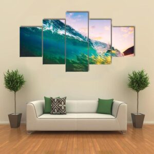 Ocean Wave At Sunset - Nature 5 Panel Canvas Art Wall Decor