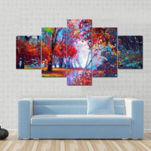 Oil Painting Showing Autumn Forest - Abstract Nature 5 Panel Canvas Art Wall Decor