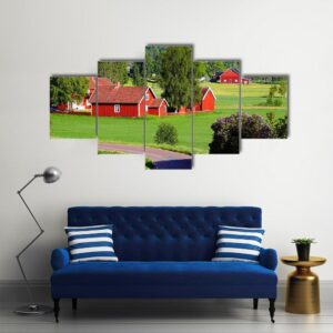 Old Red Farm Houses In A Rural Landscape - Nature 5 Panel Canvas Art Wall Decor