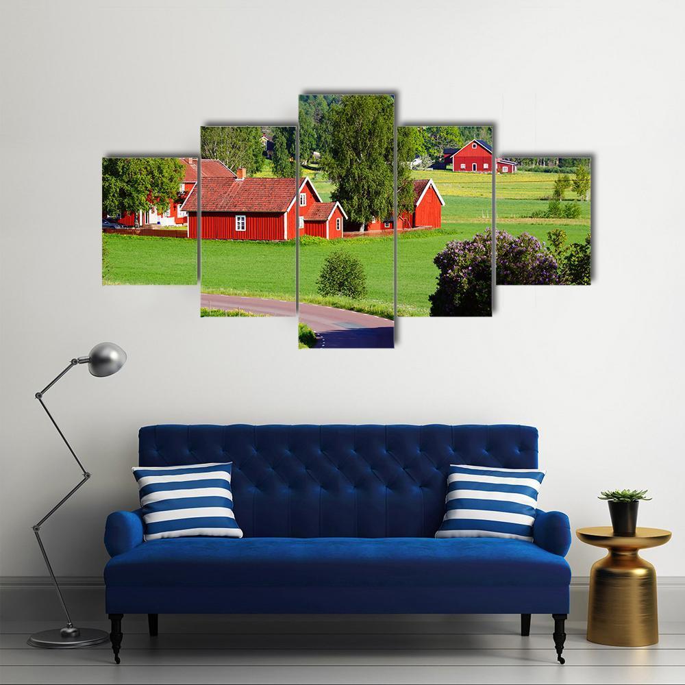 Old Red Farm Houses In A Rural Landscape - Nature 5 Panel Canvas Art Wall Decor Old Red Farm Houses In A Rural Landscape - Nature 5 Panel Canvas Art Wall Decor
