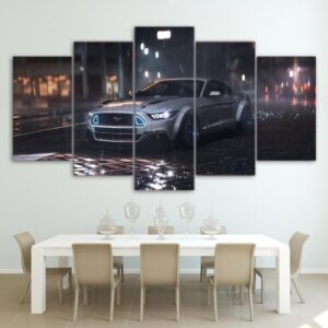 On Ford Mustang Car In The Rain - Automative 5 Panel Canvas Art Wall Decor