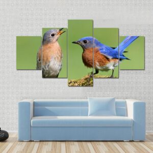 Pair Of Eastern Bluebird On A Log With Moss - Animal 5 Panel Canvas Art Wall Decor