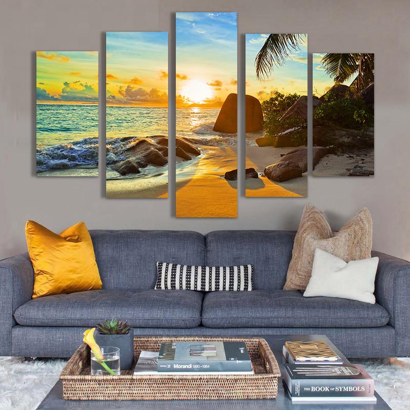 Palm Beach With Sunset - Nature 5 Panel Canvas Art Wall Decor Palm Beach With Sunset - Nature 5 Panel Canvas Art Wall Decor