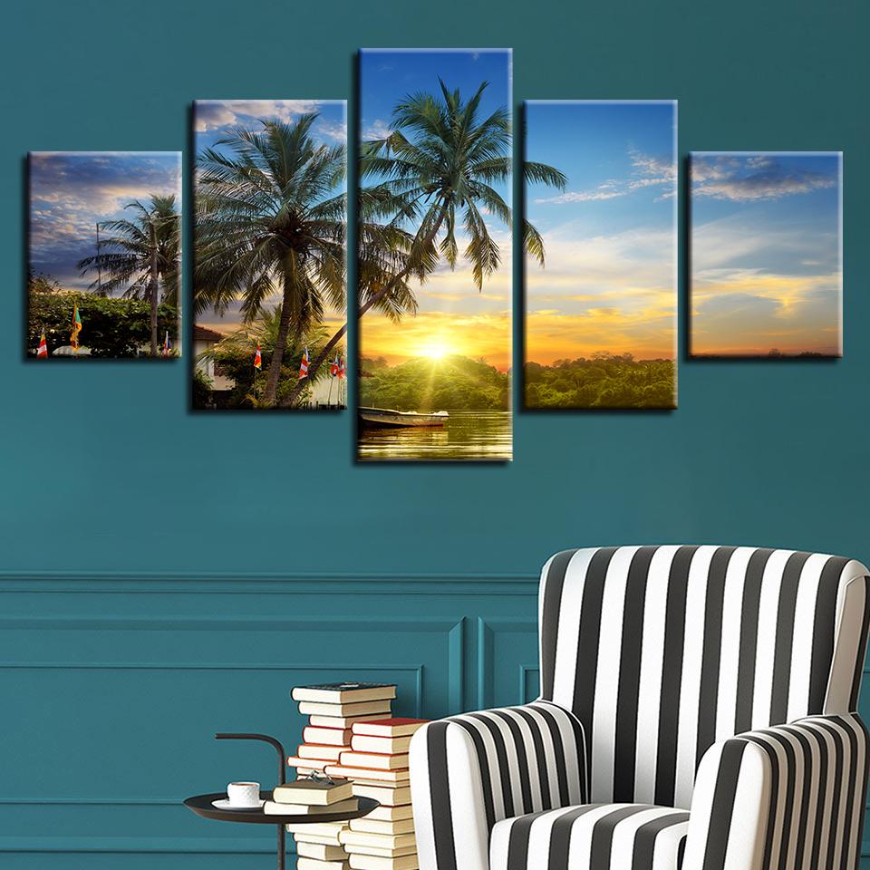 Palm Tree And Ship Sunset - Nature 5 Panel Canvas Art Wall Decor Palm Tree And Ship Sunset - Nature 5 Panel Canvas Art Wall Decor