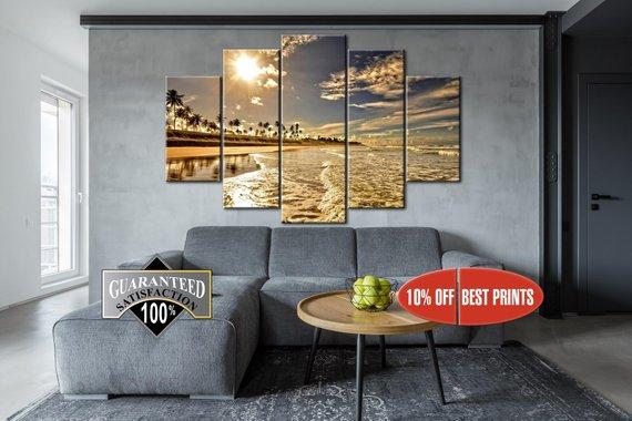 Palm Tree Beach Seascape - Nature 5 Panel Canvas Art Wall Decor Palm Tree Beach Seascape - Nature 5 Panel Canvas Art Wall Decor