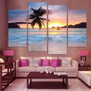 Palm Tree On The Beach At Sunset - Ocean 4 Panel Canvas Art Wall Decor