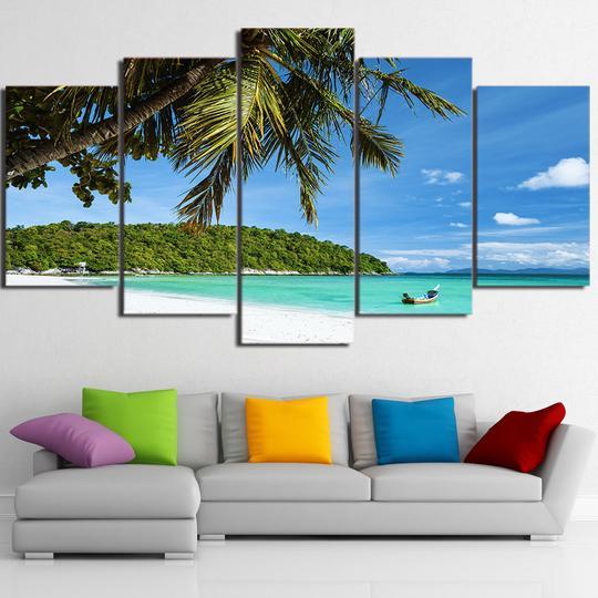 Palm Tree On Tropical Beach - Ocean 5 Panel Canvas Art Wall Decor Palm Tree On Tropical Beach - Ocean 5 Panel Canvas Art Wall Decor