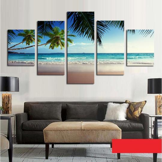 Palm Trees And Turquiose Water Paradise - Space 5 Panel Canvas Art Wall Decor Palm Trees And Turquiose Water Paradise - Space 5 Panel Canvas Art Wall Decor