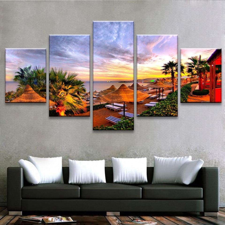 Palm Trees Beach Resort Sunrise - Nature 5 Panel Canvas Art Wall Decor Palm Trees Beach Resort Sunrise - Nature 5 Panel Canvas Art Wall Decor