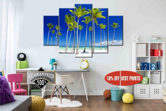 Palm Trees Beach Seascape - Nature 5 Panel Canvas Art Wall Decor Palm Trees Beach Seascape - Nature 5 Panel Canvas Art Wall Decor
