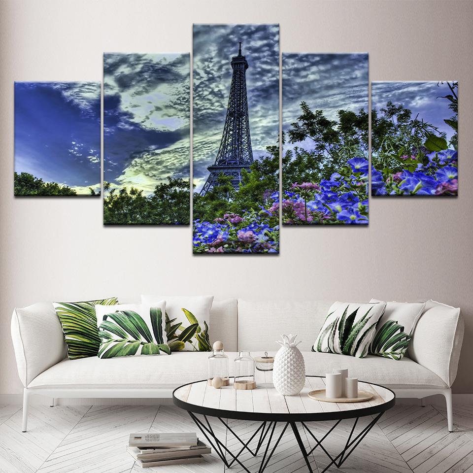 Paris Tower Blue Sky Flowers - Nature 5 Panel Canvas Art Wall Decor Paris Tower Blue Sky Flowers - Nature 5 Panel Canvas Art Wall Decor