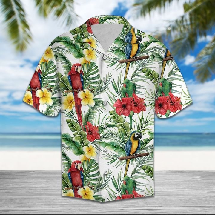Parrot Hibiscus Flowers Tropical Hawaiian Shirt Summer Button Up Parrot Hibiscus Flowers Tropical Hawaiian Shirt Summer Button Up