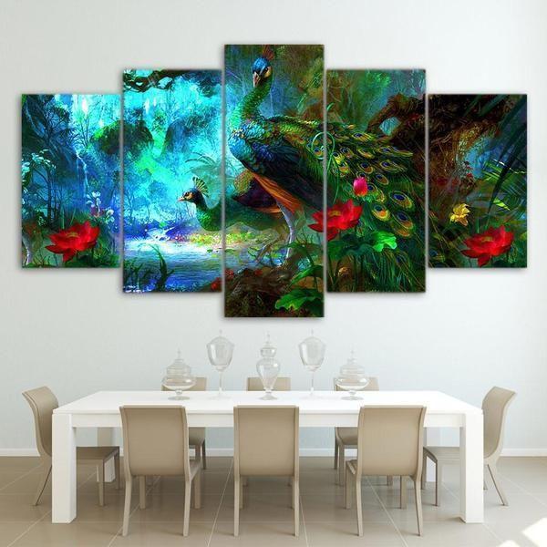 Peacock Painting - Animal Abstract 5 Panel Canvas Art Wall Decor Peacock Painting - Animal Abstract 5 Panel Canvas Art Wall Decor