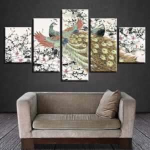 Peacocks And Flower - Nature 5 Panel Canvas Art Wall Decor