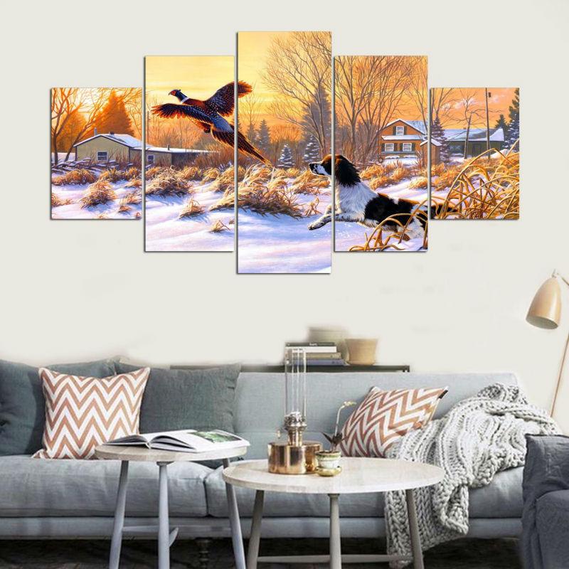 Pheasant Dog Hunting Winter - Animal 5 Panel Canvas Art Wall Decor Pheasant Dog Hunting Winter - Animal 5 Panel Canvas Art Wall Decor