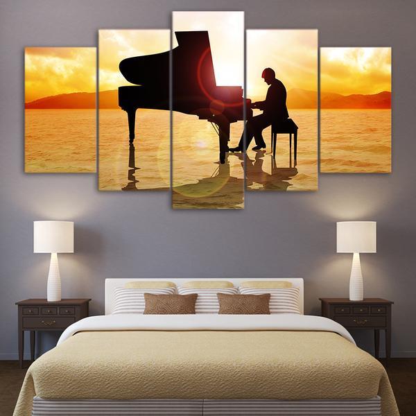 Piano Player Beach At Sunset - Music 5 Panel Canvas Art Wall Decor Piano Player Beach At Sunset - Music 5 Panel Canvas Art Wall Decor