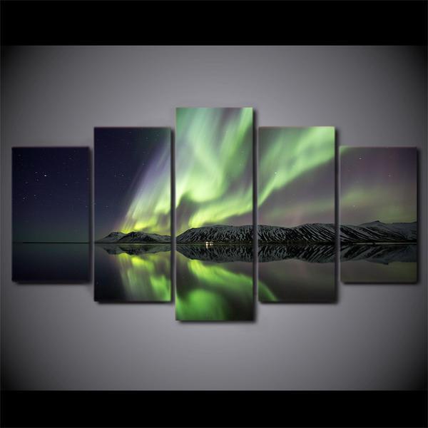 Piece Northern Lights Aurora Lake Mountain - Nature 5 Panel Canvas Art Wall Decor Piece Northern Lights Aurora Lake Mountain - Nature 5 Panel Canvas Art Wall Decor