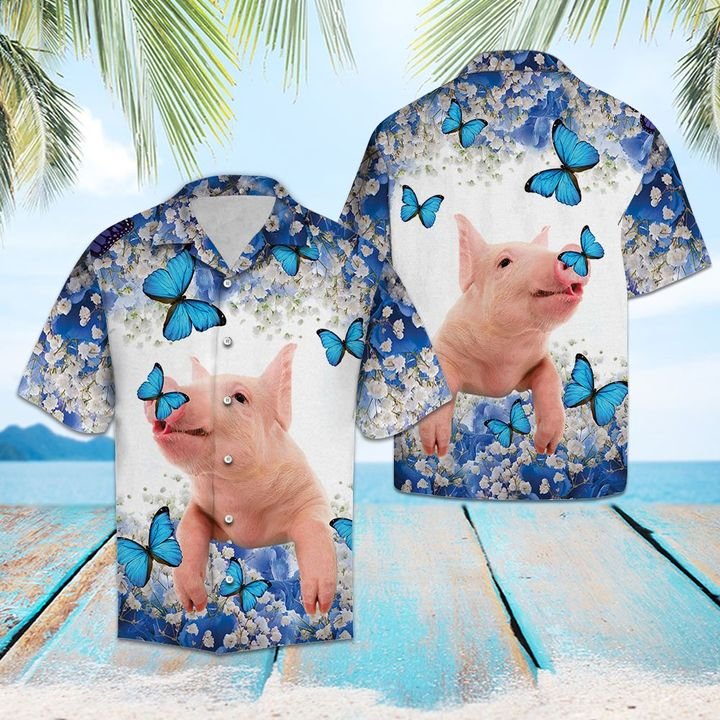 Pig Blue And White Flower Hawaiian Shirt Summer Button Up Pig Blue And White Flower Hawaiian Shirt Summer Button Up