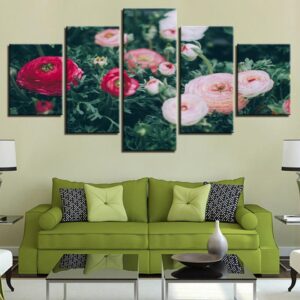 Pink And Red Flower Still Life - Nature 5 Panel Canvas Art Wall Decor