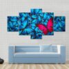 Pink Butterfly On Group Of Blue Butterfly - Animal 5 Panel Canvas Art Wall Decor