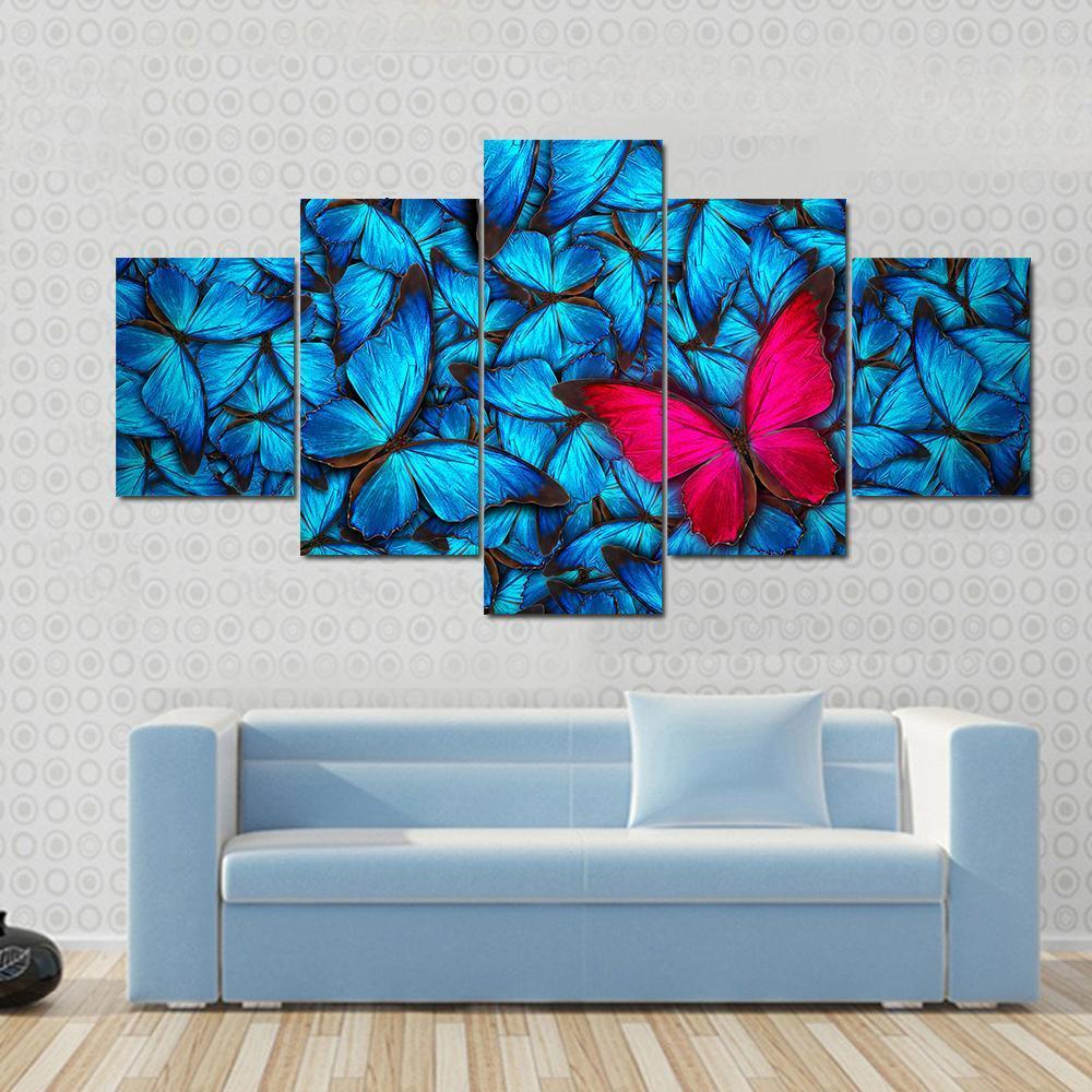 Pink Butterfly On Group Of Blue Butterfly - Animal 5 Panel Canvas Art Wall Decor Pink Butterfly On Group Of Blue Butterfly - Animal 5 Panel Canvas Art Wall Decor