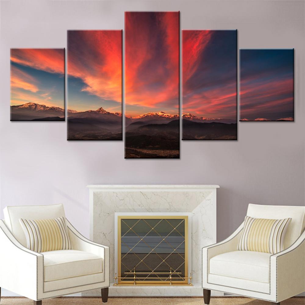 Pink Clouds And Mountain - Nature 5 Panel Canvas Art Wall Decor Pink Clouds And Mountain - Nature 5 Panel Canvas Art Wall Decor